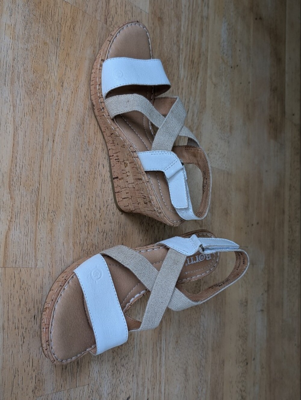 Born Leather Women’s White and Beige Cork Wedge Sandals Size 6.5